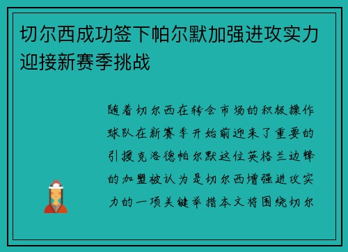切尔西成功签下帕尔默加强进攻实力迎接新赛季挑战 切尔西成功签下帕尔默加强进攻实力迎接新赛季挑战